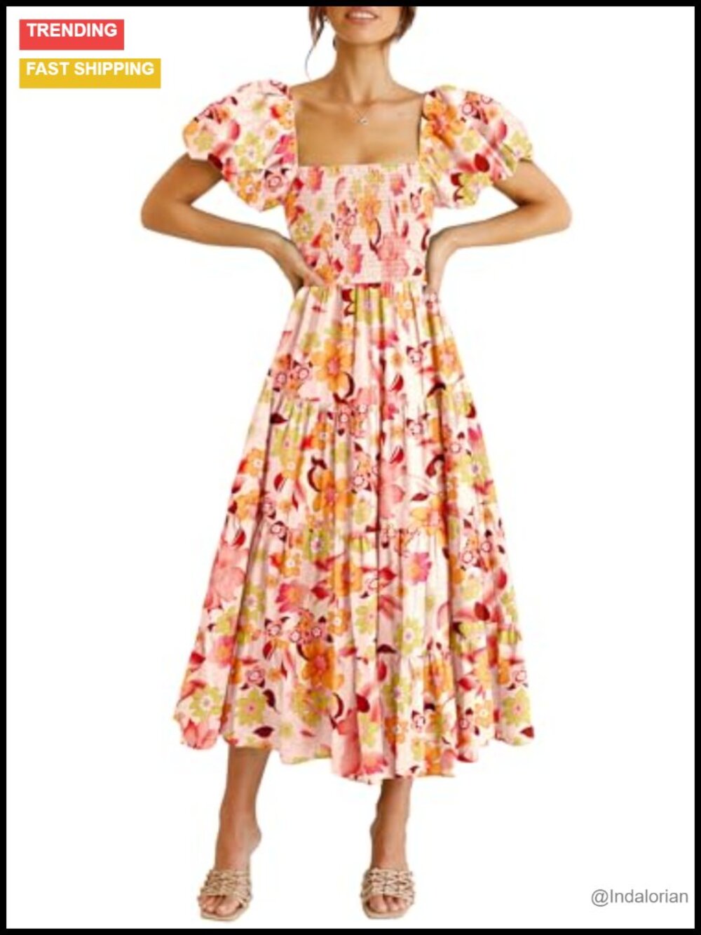 Women's Smocked Midi A-Line Dress with Ruffled Tiered Floral Pattern, Square